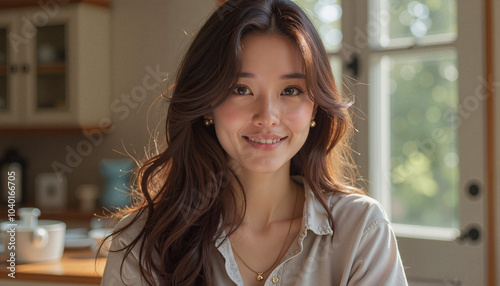 Free Download Smiling young Asian woman posing warmly in a sunlit kitchen with a cozy atmosphere - GFXLoad