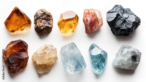 A set of raw uncut gemstones, including diamonds and topaz, arranged on a simple white background, capturing their natural beauty