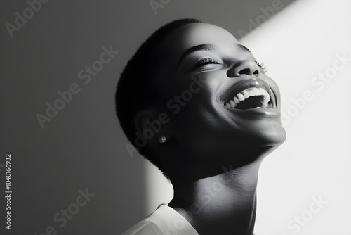 A black woman joyfully smiles, bathed in soft light, showcasing minimalism and the beauty of her features in a monochromatic setting