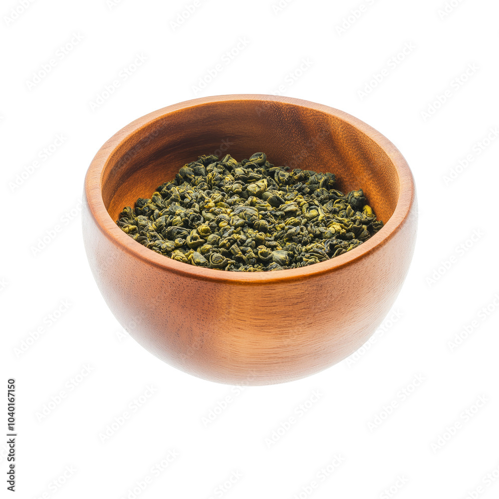 Green Tea Leaves in Wooden Bowl Green Tea Leaves in Wooden Bowl