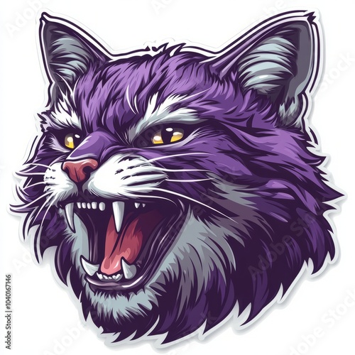 Purple cat growls with sharp teeth