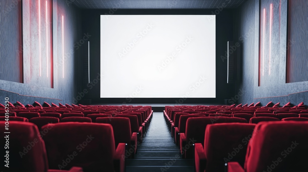 Fototapeta premium A spacious empty movie theater with red velvet seats and a blank screen, awaiting the start of a film, set against a white background