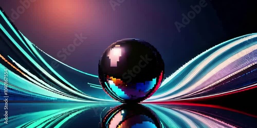 Futuristic black sphere reflecting blue and red neon lights, surrounded by dynamic, flowing streaks of color photo