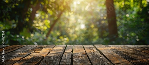 A wood table with a blurred green forest background providing copy space for advertising products photo