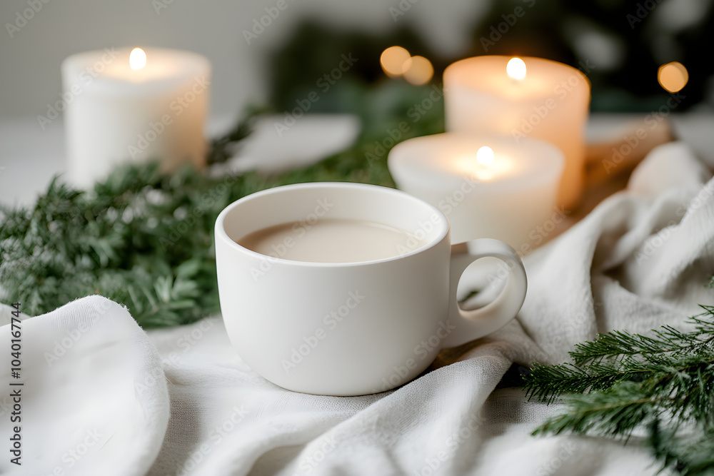 A minimalist setup featuring a white cup filled with coffee surrounded by soft fabrics, green foliage, and warm candles creates a cozy atmosphere A minimalist setup featuring a white cup filled with coffee surrounded by soft fabrics, green foliage, and warm candles creates a cozy atmosphere