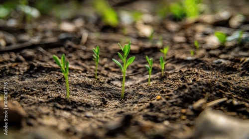 Fresh green seedlings emerging from rich soil, symbolizing growth and renewal.