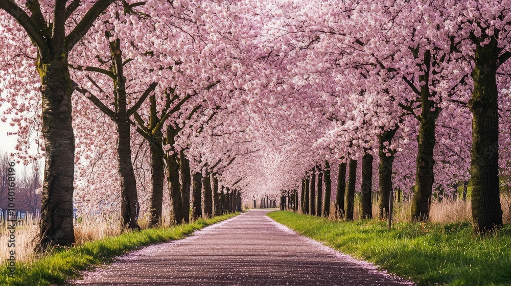 A long, winding path lined with blooming cherry trees. The trees are in full blossom, creating a tunnel of pink and white. The path is paved and leads off into the distance. A long, winding path lined with blooming cherry trees. The trees are in full blossom, creating a tunnel of pink and white. The path is paved and leads off into the distance.