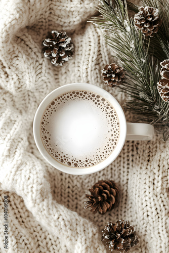 A cozy white cup filled with warm drink rests on a soft knitted blanket, surrounded by pinecones and pine branches, evoking comfort and tranquility