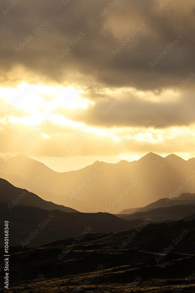 Obraz premium Golden light casts a warm glow over distant mountains, creating a serene landscape with soft contours and dramatic lighting effects