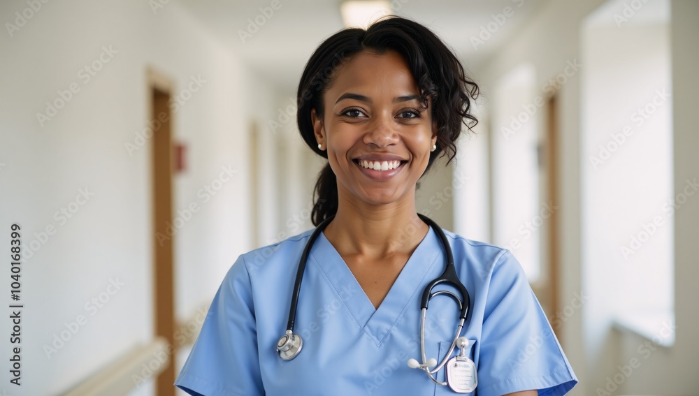 Smiling African American Nurse Portrayed Standing in Hospital Corridor Portrait Style Smiling African American Nurse Portrayed Standing in Hospital Corridor Portrait Style