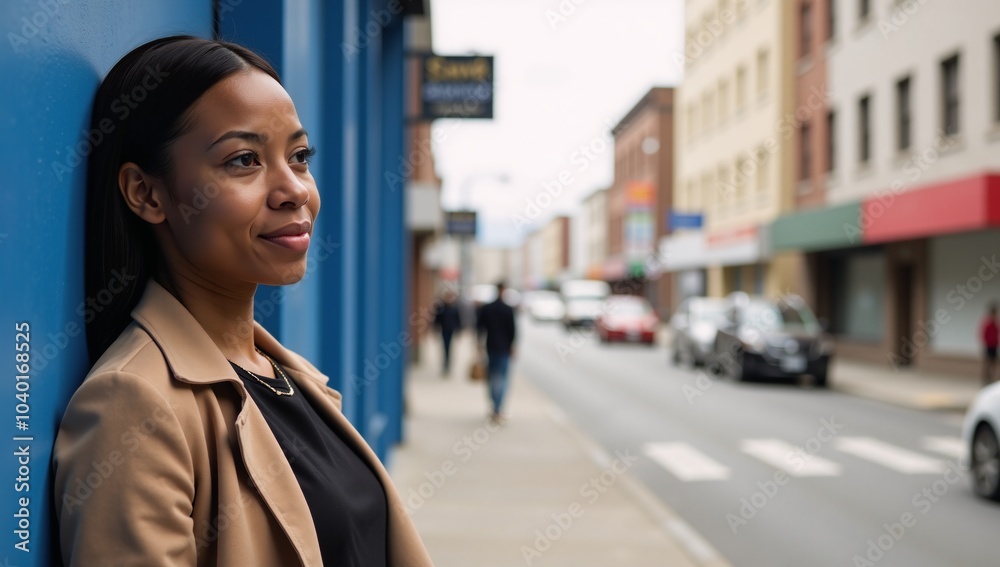 Fototapeta premium Contemplative portrait of a young Black woman leaning on a blue city wall