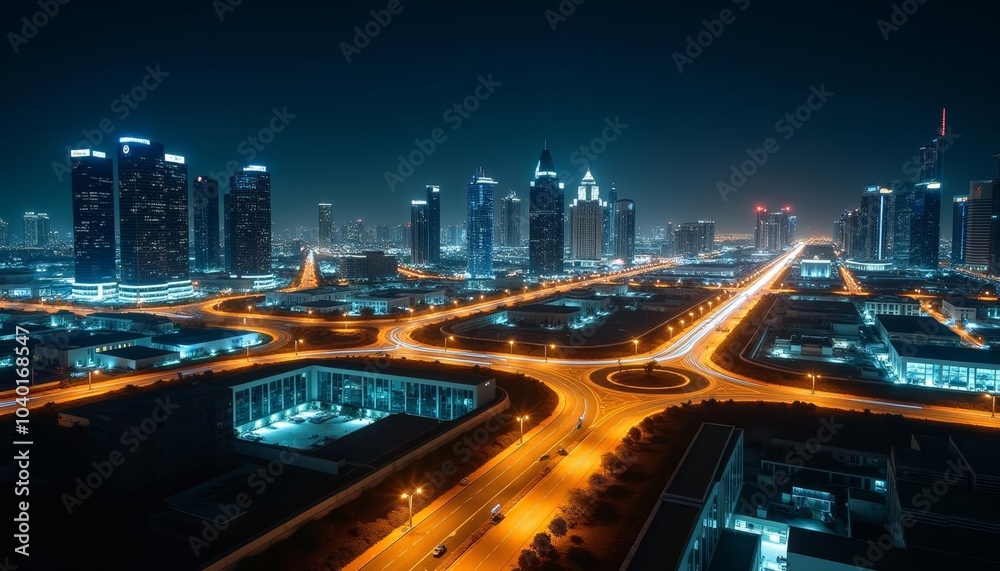 Obraz premium Vibrant cityscape at night illuminated by bright lights and bustling with activity
