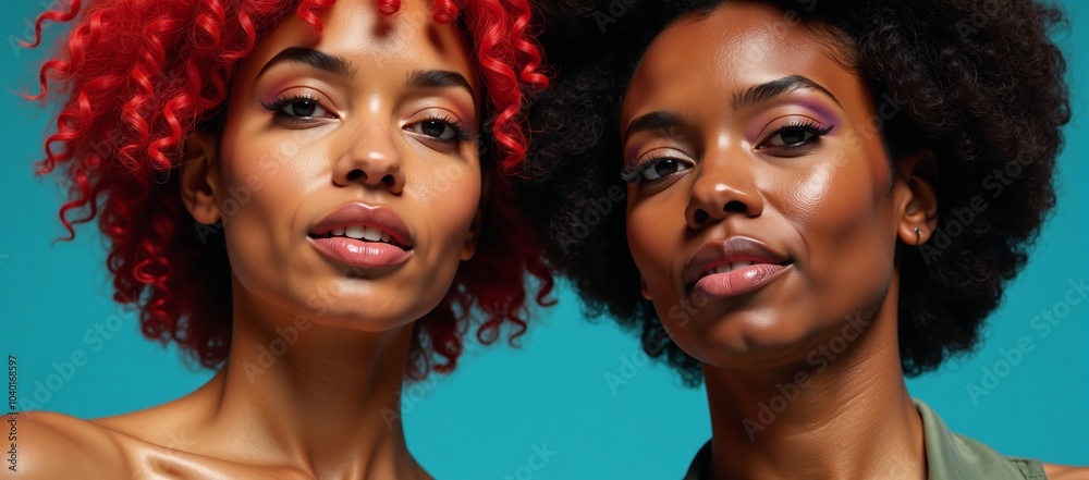 Fototapeta premium Two radiant African American women adorned with vibrant makeup and hair