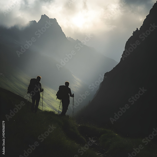 Two hikers silhouetted against a majestic mountain, exploring a dramatic landscape under moody skies with light streaming through dark clouds