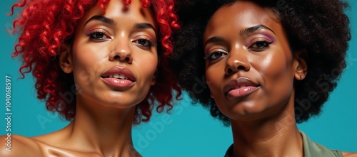 Two radiant African American women adorned with vibrant makeup and hair