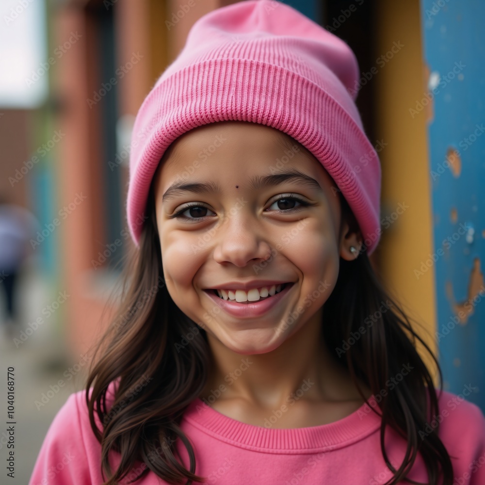 A technologically crafted image showcases an African-American girl smiling joyfully while wearing a pink cap A technologically crafted image showcases an African-American girl smiling joyfully while wearing a pink cap