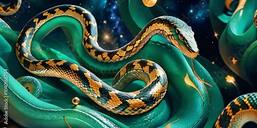 Vibrant snake coiled in a surreal fantasy environment with stars and cosmic elements photo