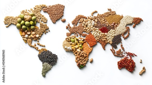 A world map made entirely of food ingredients, highlighting global cuisine diversity, isolated on white photo