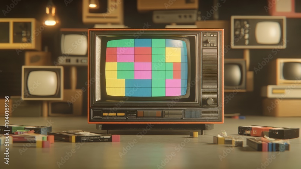 1980s style television with colorful static, dark room, neon lights reflecting on the screen, VHS tapes on the floor, very realistic 1980s style television with colorful static, dark room, neon lights reflecting on the screen, VHS tapes on the floor, very realistic