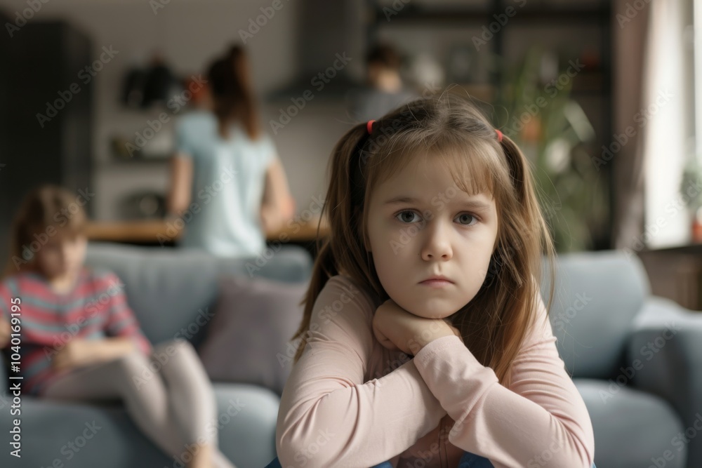 A sad little girl sits alone, feeling neglected as her parents argue in the background during a challenging family moment A sad little girl sits alone, feeling neglected as her parents argue in the background during a challenging family moment