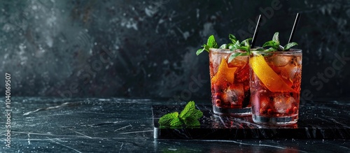 Image of Hugo Spritz cocktails garnished with mint and lemon served in glasses with cocktail straws on a dark backdrop providing ample copy space for text or design photo