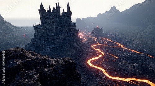 A medieval castle stands atop a cliff overlooking a river of molten lava flowing through a volcanic landscape.