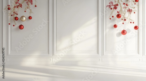 white room with white border panel walls and red, christmas decorations on the wall.