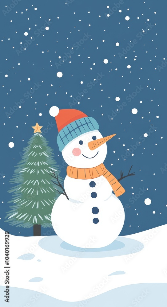 Cute cartoon vector-style snowman with a scarf and hat standing in the snow, a small Christmas tree behind him. Cute cartoon vector-style snowman with a scarf and hat standing in the snow, a small Christmas tree behind him.
