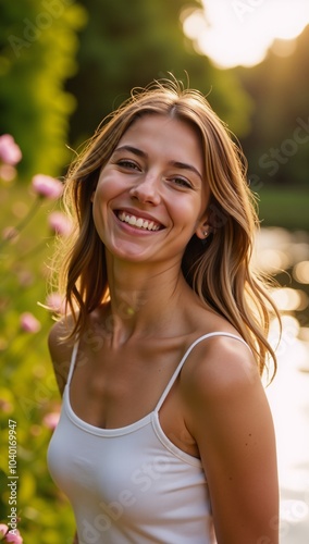 Woman smiles radiantly under golden sunshine embodying joy optimism and natures impact on emotion