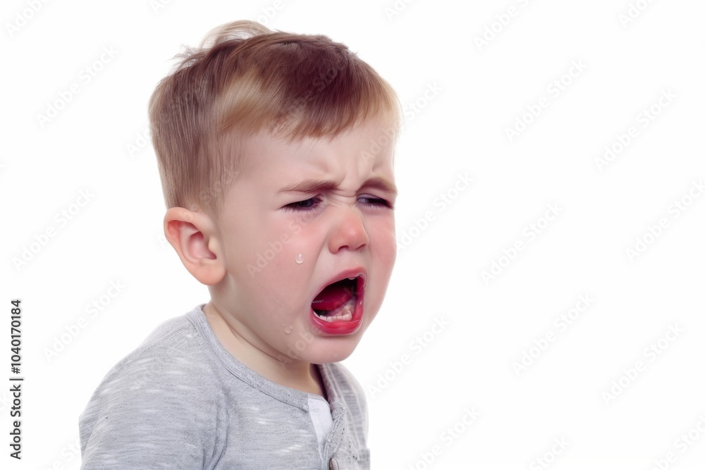 A little boy in distress, tears streaming down his face, isolated against a clean white background, capturing a moment of pure emotion A little boy in distress, tears streaming down his face, isolated against a clean white background, capturing a moment of pure emotion