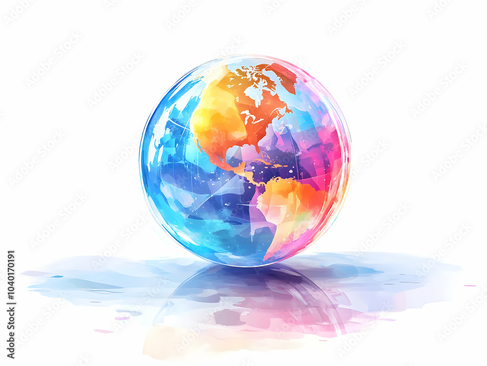 Flat Plain White Background Glossy Holographic Globe Floating Copy Space Global Business Leadership Responsibility Simple Elegant Vector Illustration