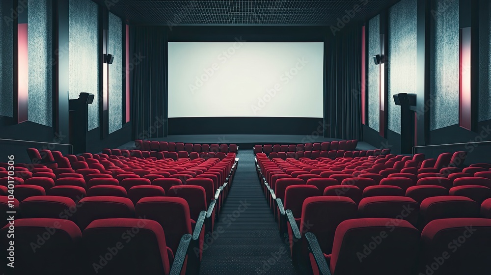 An empty movie theater with red seats and a large screen, waiting for the next film to begin, isolated on a white background An empty movie theater with red seats and a large screen, waiting for the next film to begin, isolated on a white background