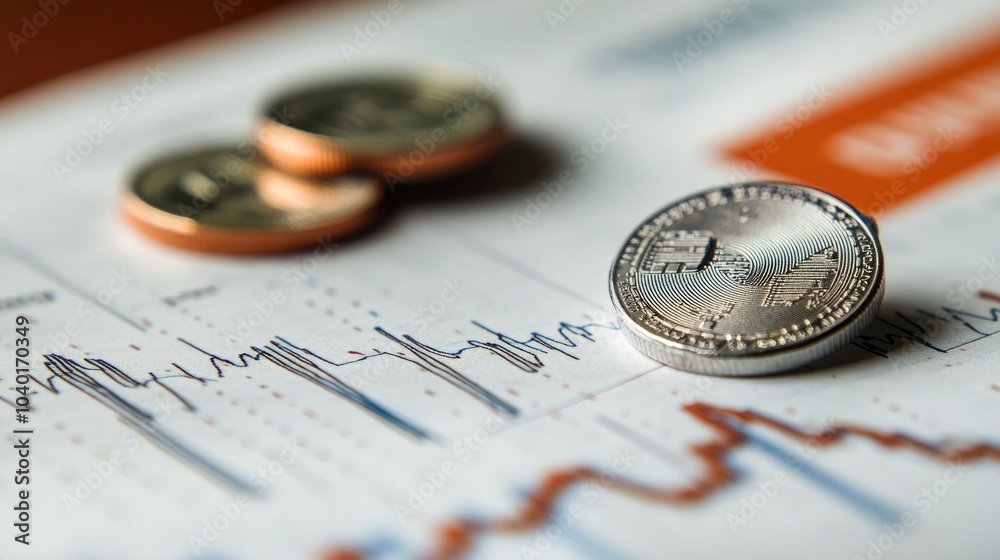 Business performance background with a rising stock chart, economic data, and financial trends, coin on stock chart Business performance background with a rising stock chart, economic data, and financial trends, coin on stock chart