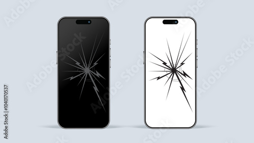 Cracked and Broken Screen of Black Modern Smartphone. Vector Illustration of Dropped Mobile Phone Display Issue with Shadow.