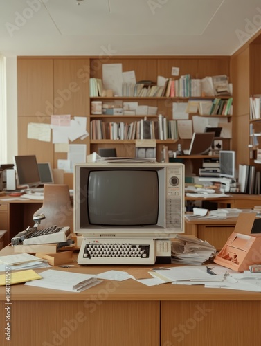 Old TV set placed on a cluttered office desk, old papers, typewriter, rotary phone, sepia-toned lighting, very realistic