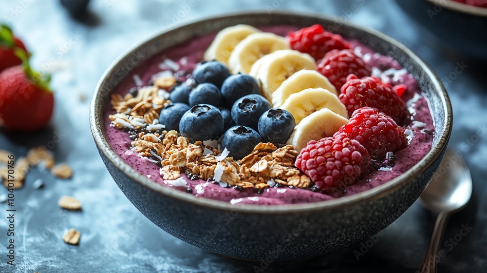 Bowl of smoothie topped with fruits and granola, dark surface. Bowl of smoothie topped with fruits and granola, dark surface.
