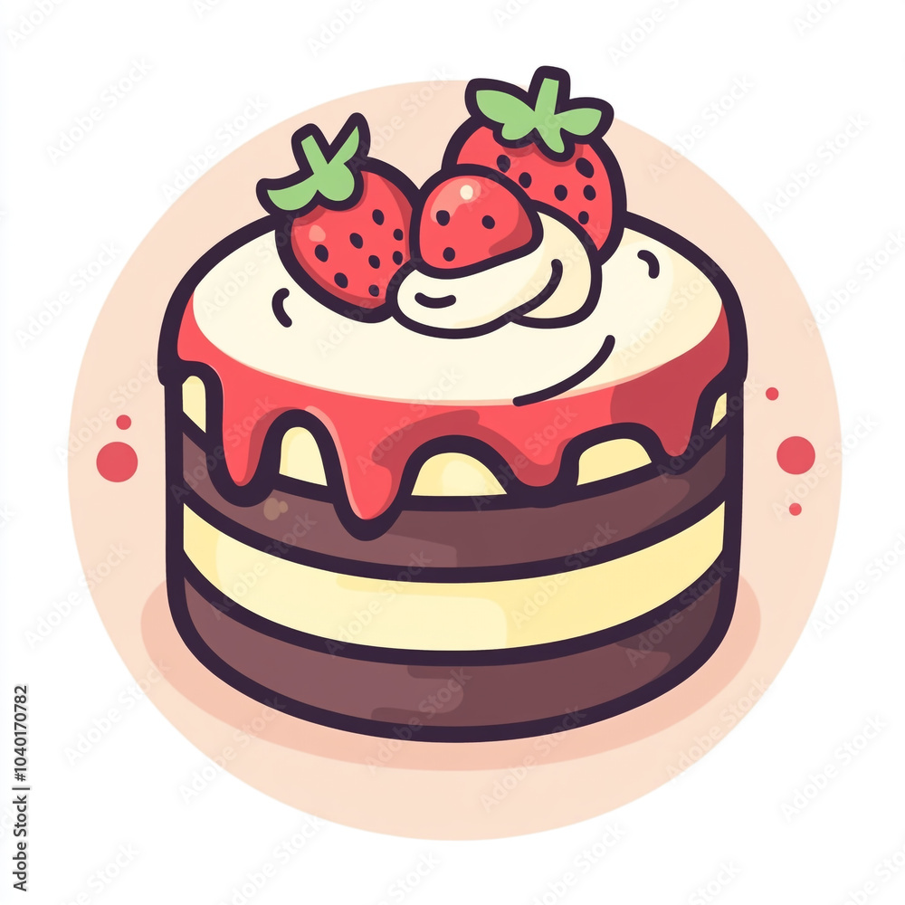 A simple icon of an open cake with chocolate and strawberries on top.
A simple icon of an open cake with chocolate and strawberries on top.