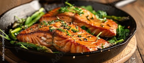 A delectable low carb breakfast featuring healthy baked salmon steaks accompanied by a variety of greens and asparagus served in a black cast iron skillet with copy space image
