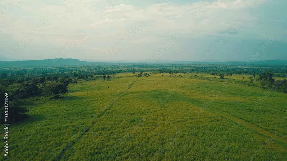 Fototapeta premium Top view of African fields stretching into the distance, with copy space in the sky