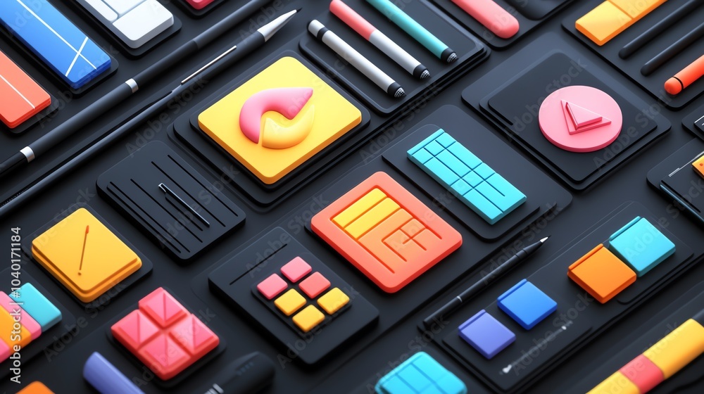 Colorful icons and graphic elements arranged on a dark background Colorful icons and graphic elements arranged on a dark background