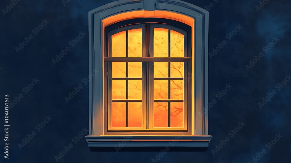 Obraz premium A single window with a warm, glowing light emanating from within, set against a dark blue background. The glass panes are obscured by shadows, creating a sense of mystery and intrigue.