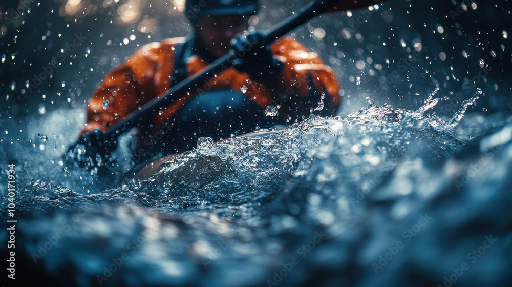 Fototapeta premium An athlete in yellow water kayaking, splashing through the rapids with determination and focus.