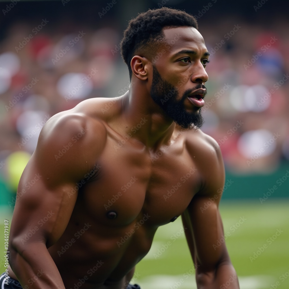 Digital portrait showcasing an African American male football player against a backdrop Digital portrait showcasing an African American male football player against a backdrop