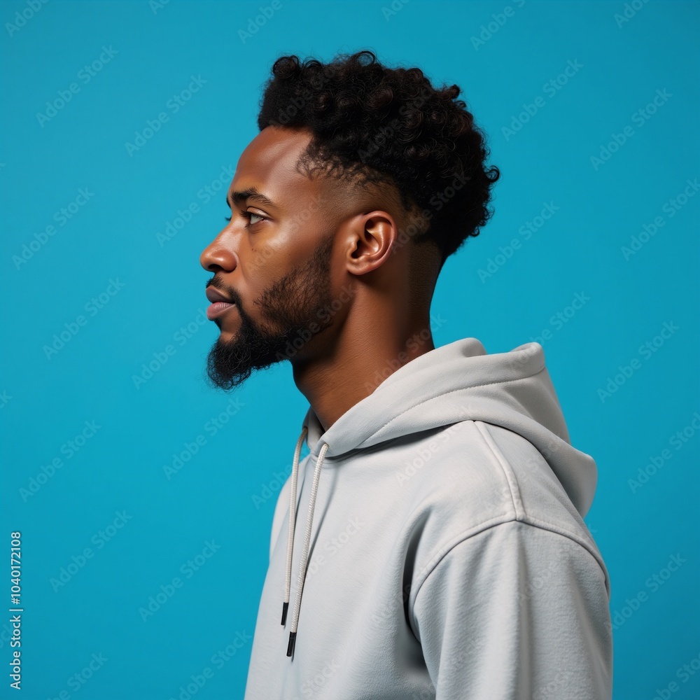 Obraz premium An African American man sporting an afro-style hairdo and dressed in a hoodie stands against an isolated blue backdrop