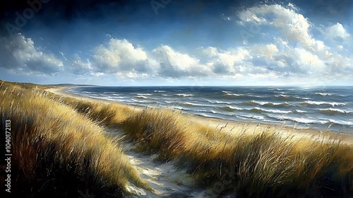 A scenic view of a sandy beach with tall grasses, blue sky with white clouds, and a vast ocean with waves rolling in. photo