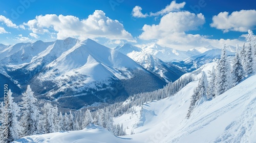 Top view of snow-covered North American mountains with bright blue skies, leaving room for copy