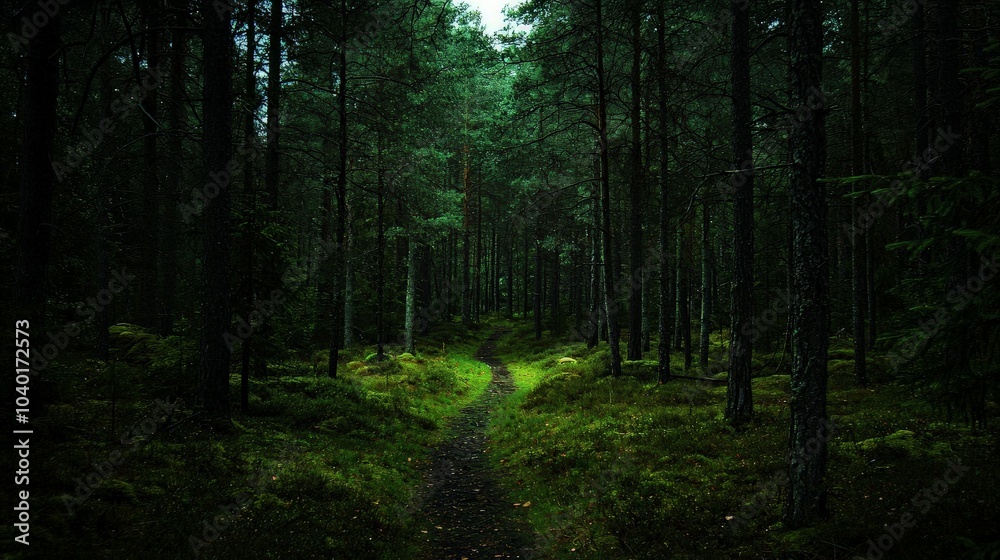 Fototapeta premium A path leading through a dense, dark forest with tall pine trees and green moss on the ground.