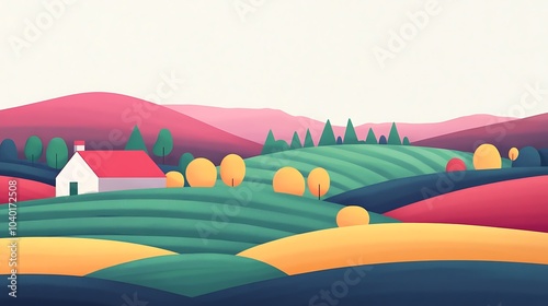 A stylized illustration of a rural landscape with rolling hills, a small house, and trees.