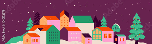 Vector illustration in trendy flat simple style - Merry  Christmas and Happy New Year greeting card and banner - winter landscape with houses and christmas trees