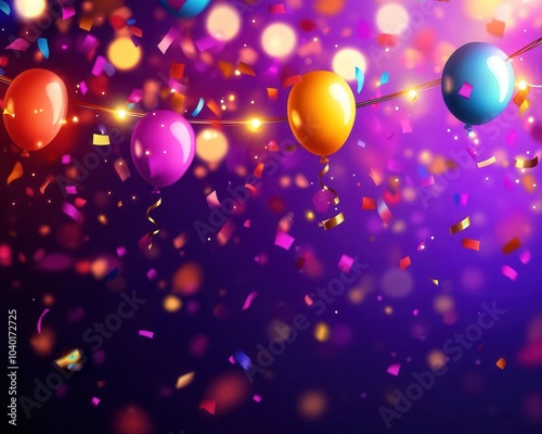 The party backdrop with bright lights, colorful confetti, balloons, and flowing serpentine, vibrant and lively atmosphere, ideal for celebrationthemed banners or postcards photo